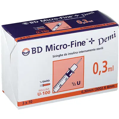 Bd Siringhe Insulina Micro Fine Demi 0,3ml 0,30mm (30G) x 8mm - 30 Pezzi